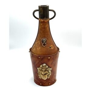 Vintage Italian Leather Covered Decanter Green Glass Bottle Bar No Stopper